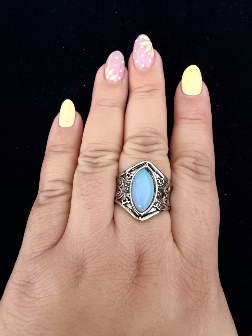 Sterling-Style Silver Filigree Ring with Blue Opalescent Stone